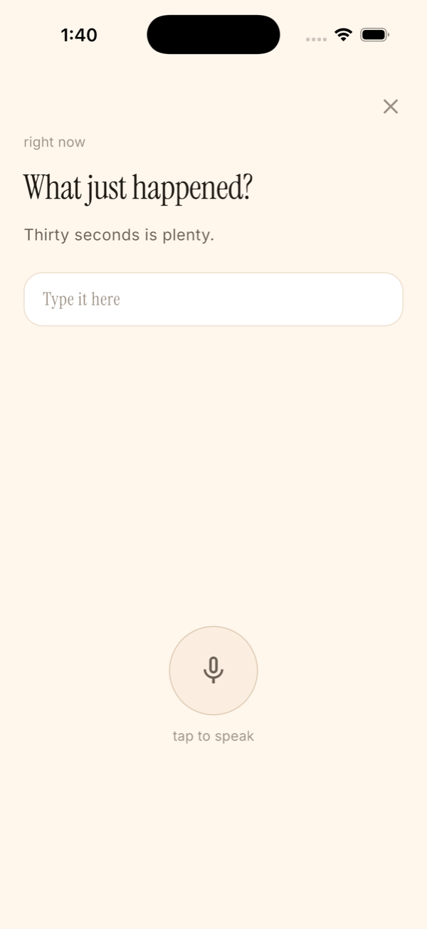 The capture screen, asking what just happened, with a text field and a microphone.