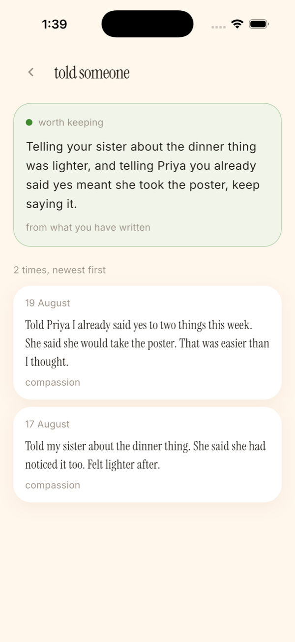 One theme opened, showing the sentence and the two entries it came from.